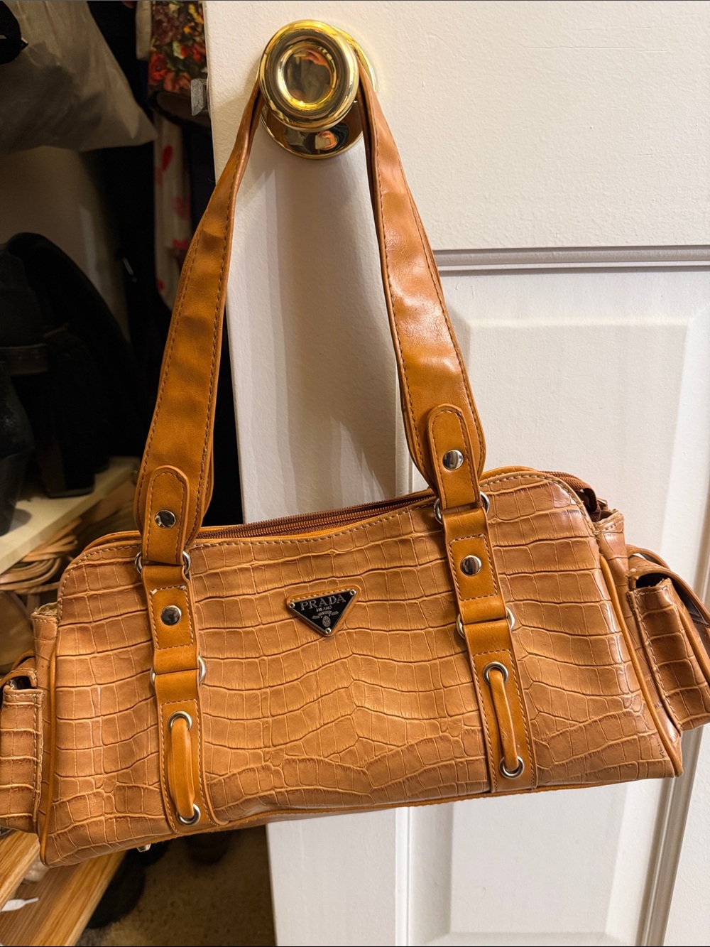 Faux Croc Tan Leather Shoulder Bag